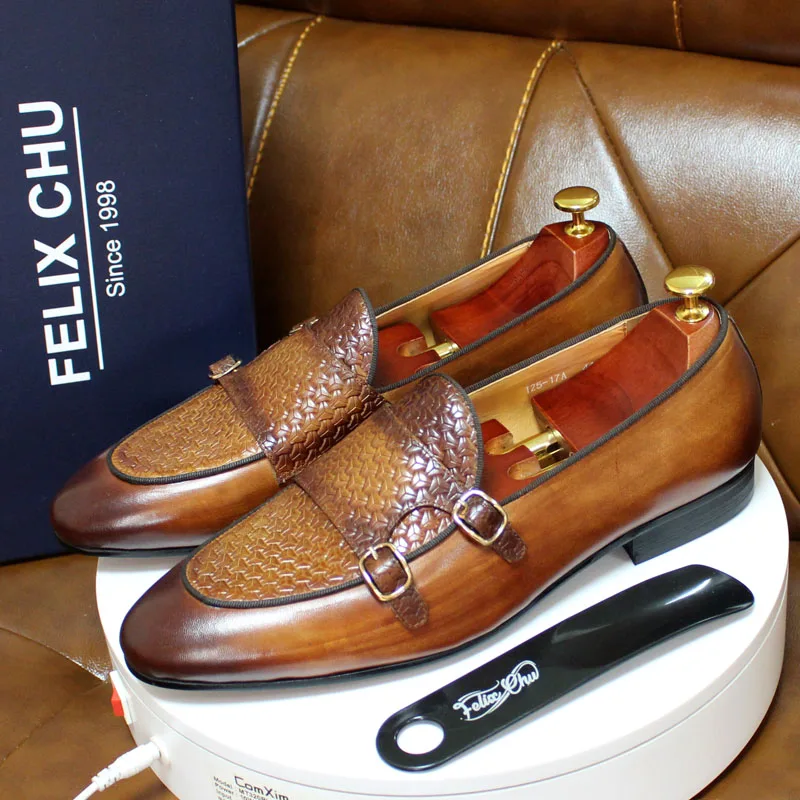 Monk Strap Shoe - Mocasines de cuero genuino para hombre,